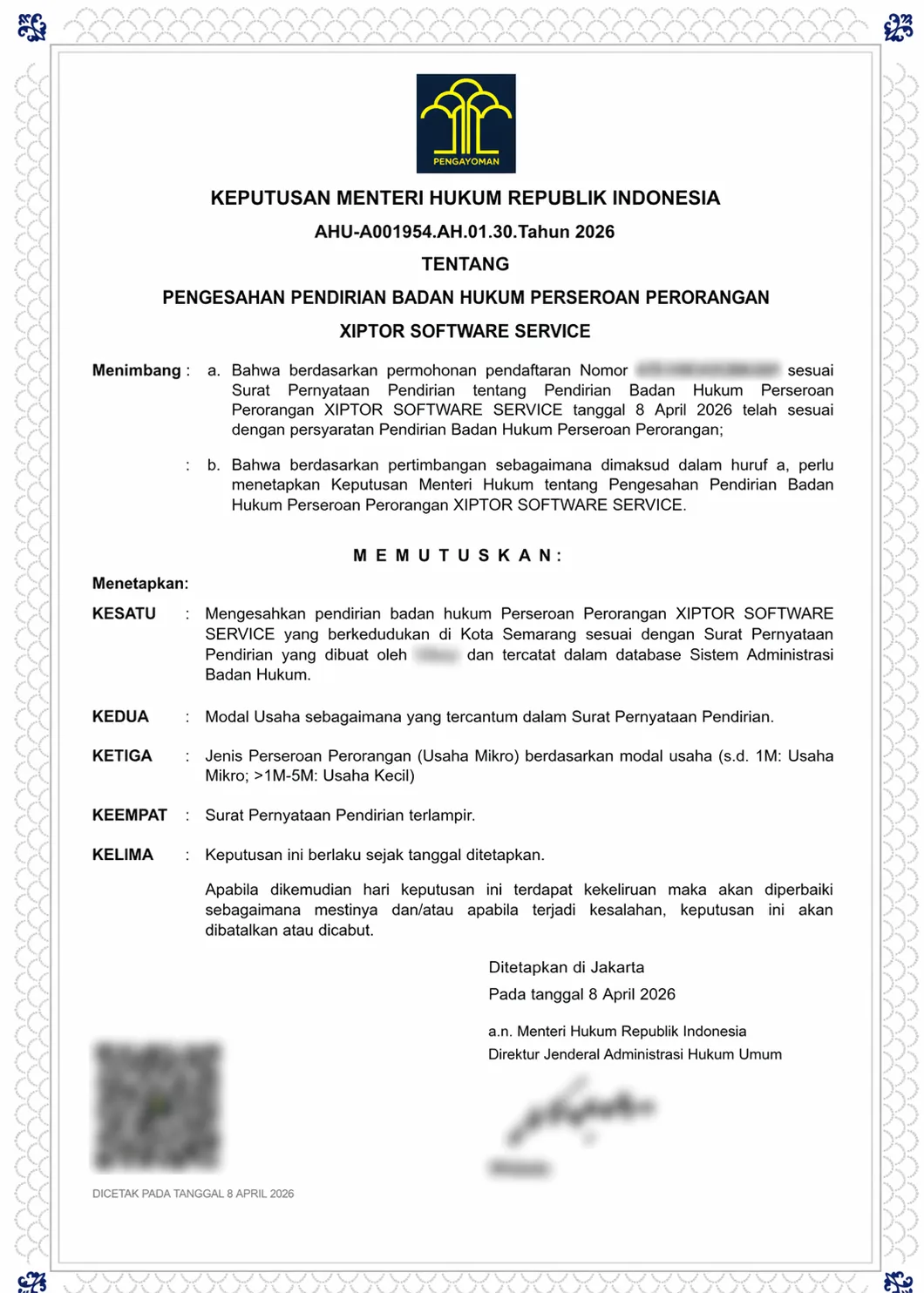Ministerial decree of the Republic of Indonesia No. AHU-A001954.AH.01.30 Tahun 2026 for PT XIPTOR SOFTWARE SERVICE